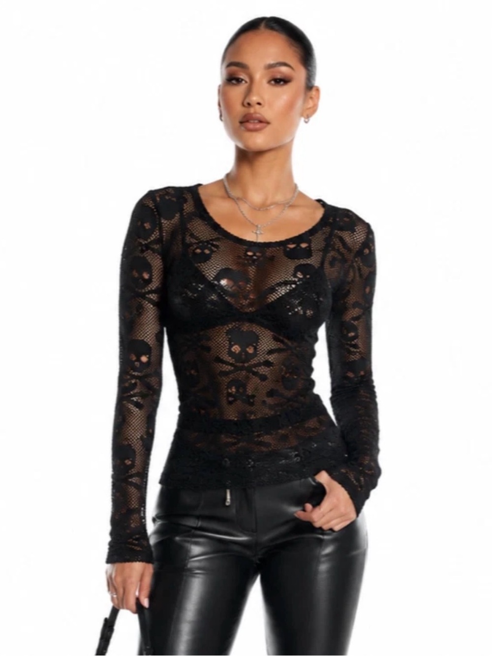 Royal Bones by Daang Goodman Black Sheer Skull Mesh Top L Goth Punk Emo Grunge